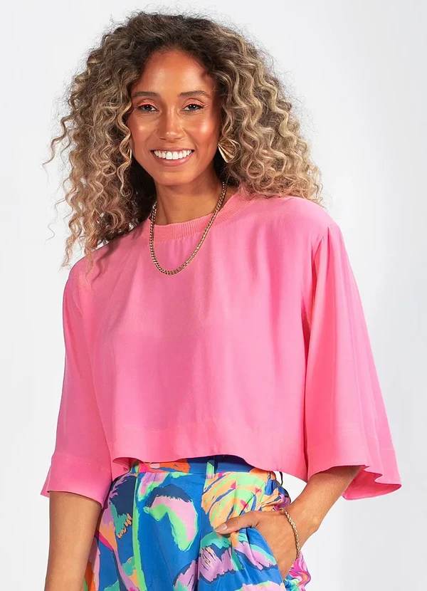 Farm - Blusa Cropped em Viscose Rosa