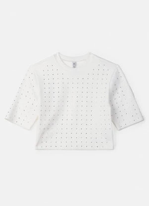 Authoria - Blusa Cropped Off White com Strass Branco - AUTHORIA