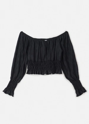 Authoria - Blusa de Lastex Preta Manga Longa Preto - AUTHORIA