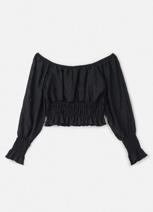 Authoria - Blusa de Lastex Preta Manga Longa Preto