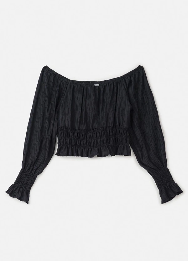 Authoria - Blusa de Lastex Preta Manga Longa Preto 2