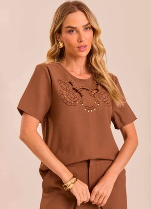Doce Trama - Blusa de Manga Curta em Alfaiataria Marrom - DOCE TRAMA