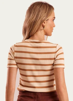 Doce Trama - Blusa Manga Curta Canelada Listrada Duna Marrom - DOCE TRAMA