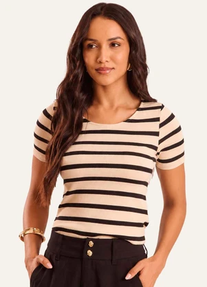 Doce Trama - Blusa Manga Curta Canelada Listrada Duna Preto - DOCE TRAMA