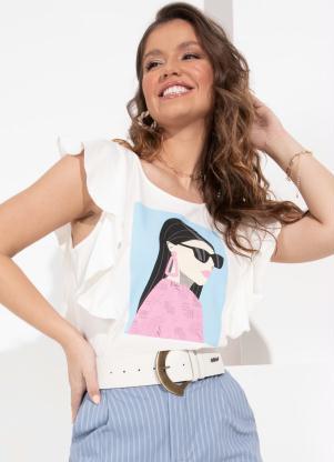 Blusa (Off White) com Babado e Estampa