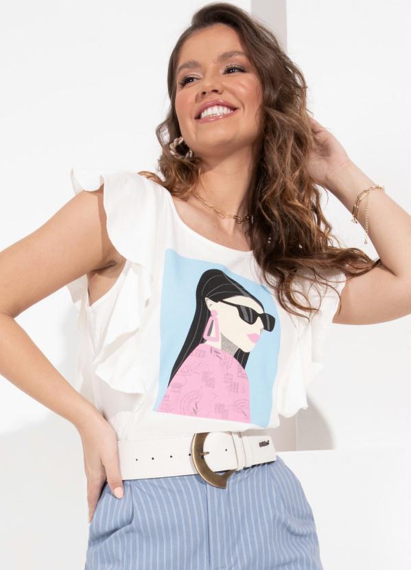 Blusa (Off White) com Babado e Estampa