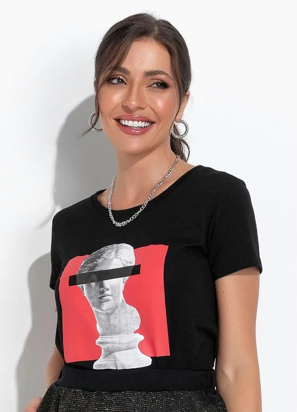 Moda Pop - Blusa Preto em Malha de Algodão