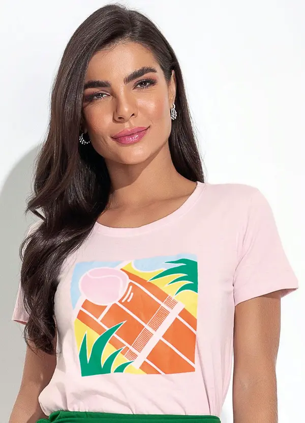 Moda Pop - Blusa Rosa Claro em Malha de Algodão