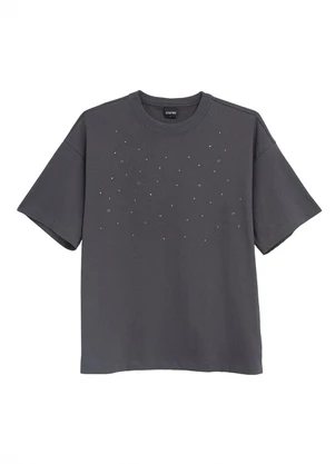 Enfim - Camiseta Ampla com Aplique Cinza Chumbo - ENFIM