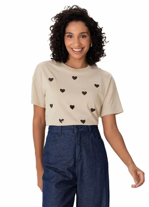 Malwee - Camiseta Ampla com Corações em Paetê Areia - MALWEE