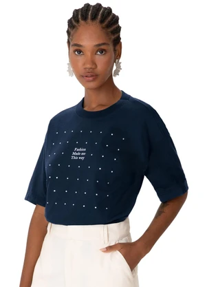 Enfim - Camiseta Ampla Fashion com Strass Azul Marinho - ENFIM