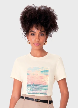 Enfim - Camiseta Barco a Vela em Paetê Off White - ENFIM