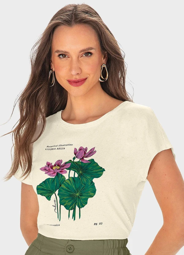 Malwee - Camiseta Bege Vitória Régia em Viscolinho