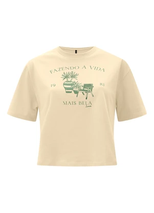 Lunender - Camiseta Cropped D em Meia Malha Penteada Bege - LUNENDER