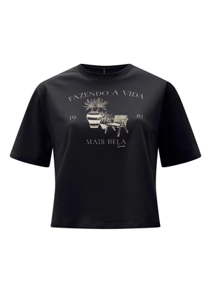 Lunender - Camiseta Cropped D em Meia Malha Penteada Preto - LUNENDER