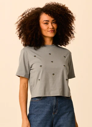 Malwee - Camiseta Curta Boxy Bordado de Abelhas Taupe - MALWEE