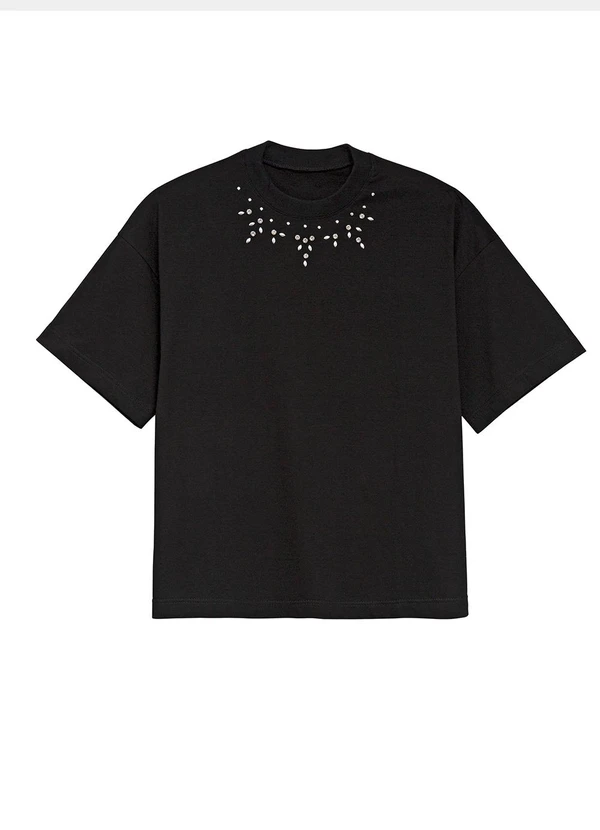 Enfim - Camiseta Feminina Ampla com Pedraria Preto