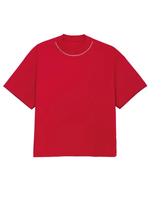 Enfim - Camiseta Feminina Ampla com Pedraria Vermelho - ENFIM