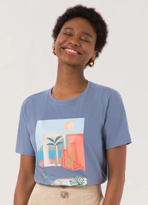 Lunender - Camiseta Feminina D em Meia Malha Penteada Azul - LUNENDER