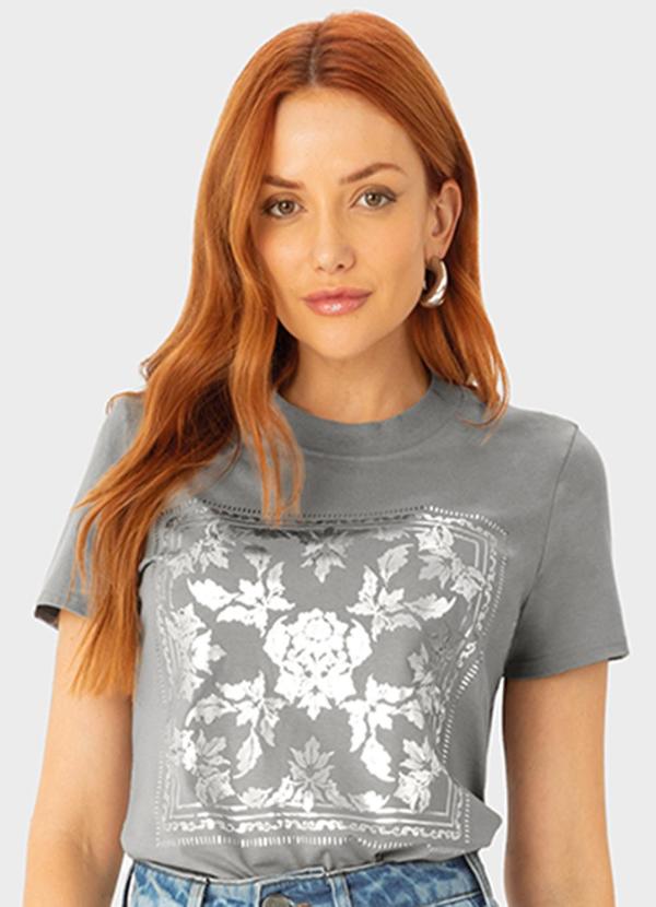 Enfim - Camiseta Feminina Floral Foil Cinza
