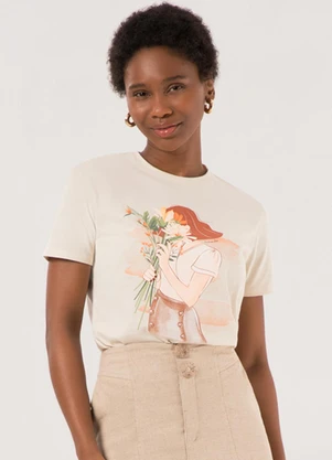 Lunender - Camiseta Slim D com Estampa Localizada Bege - LUNENDER