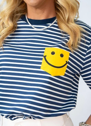 Hiatto Confecção - Camiseta Smile Listras Marinho - HIATTO CONFECÇÃO