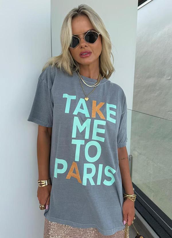 Amo Brand - T-Shirt Alongada Take Me To Paris Cinza/Verde