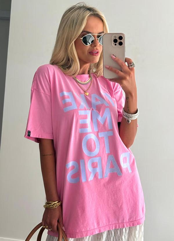 Amo Brand - T-Shirt Alongada Take Me To Paris Rosa