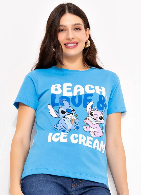 Disney - T-Shirt Azul em Malha de Algodão Penteado