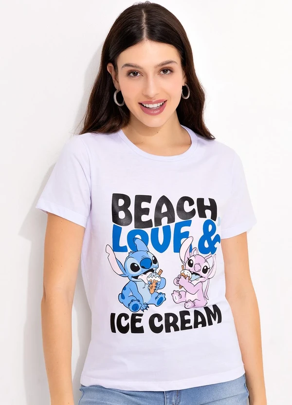 Disney - T-Shirt Branco em Malha de Algodão Penteado