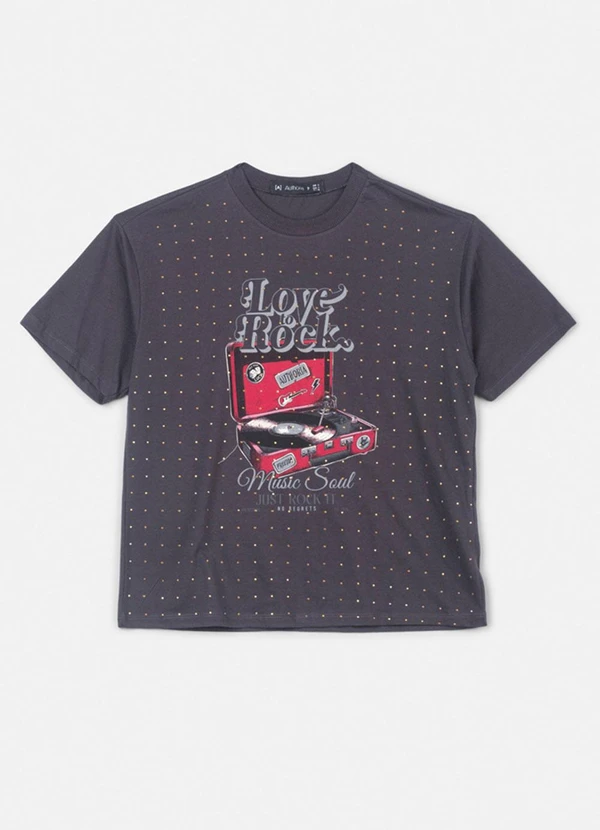 Authoria - T-Shirt Cinza com Strass Grafite
