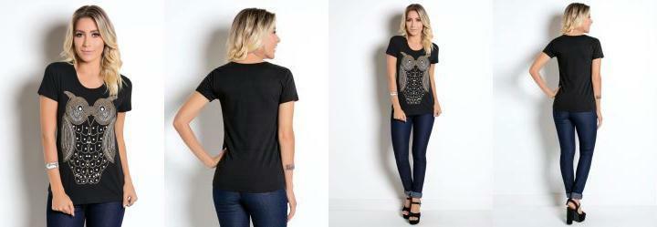 T-Shirt com Estampa de Coruja Preta
