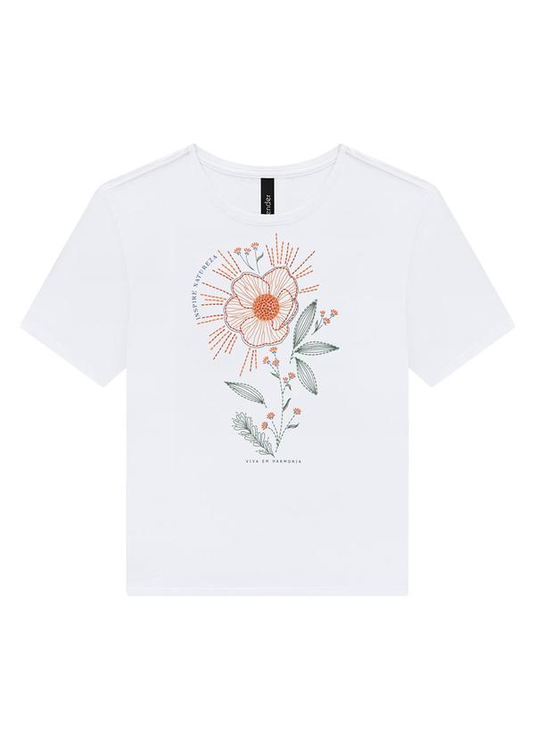 Lunender - T-Shirt com Estampa Flor em Meia Malha Branco