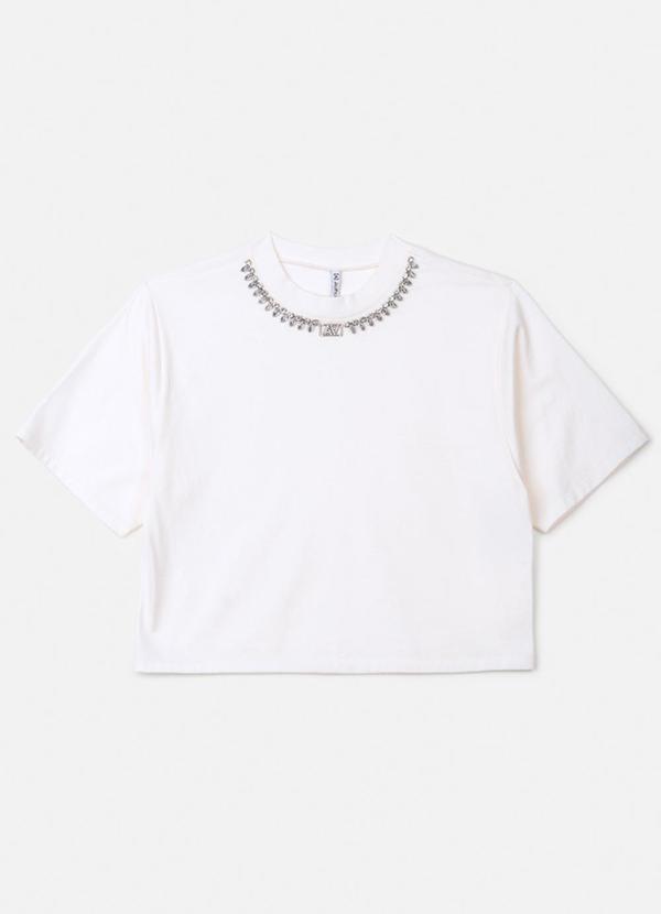 Authoria - T-Shirt com Pedrarias na Gola Off White