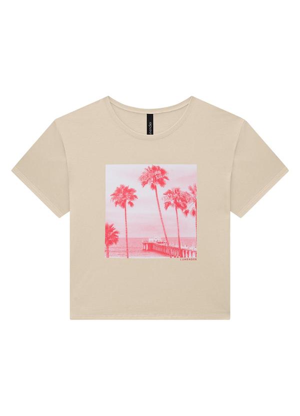 Lunender - T-Shirt Cropped em Meia Malha Estampada Bege