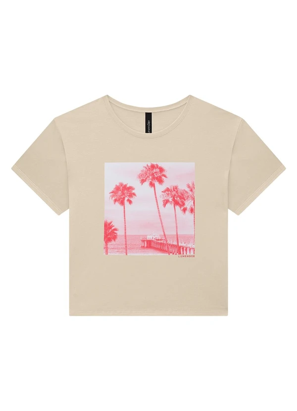 Lunender - T-Shirt Cropped em Meia Malha Estampada Bege
