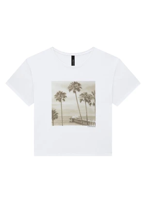 Lunender - T-Shirt Cropped em Meia Malha Estampada Branco - LUNENDER