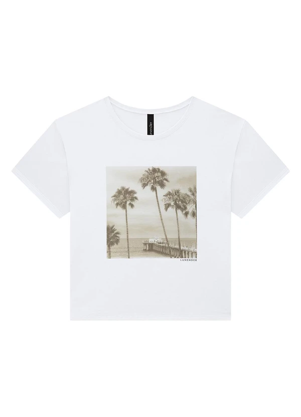 Lunender - T-Shirt Cropped em Meia Malha Estampada Branco