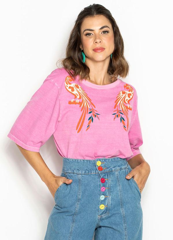 Maria Filó - T-Shirt de Malha Estampa Arara Rosa 2
