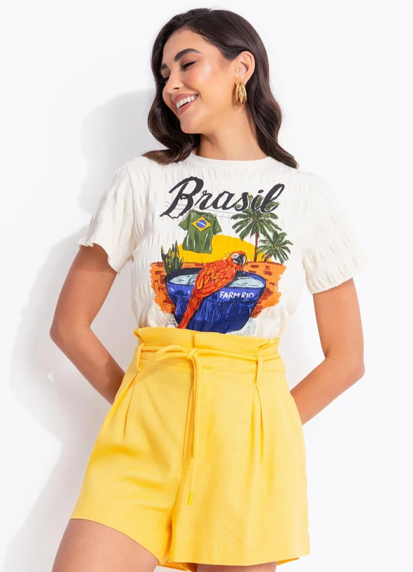 Farm - T-Shirt em Malha Especial Arara Brasil Off White