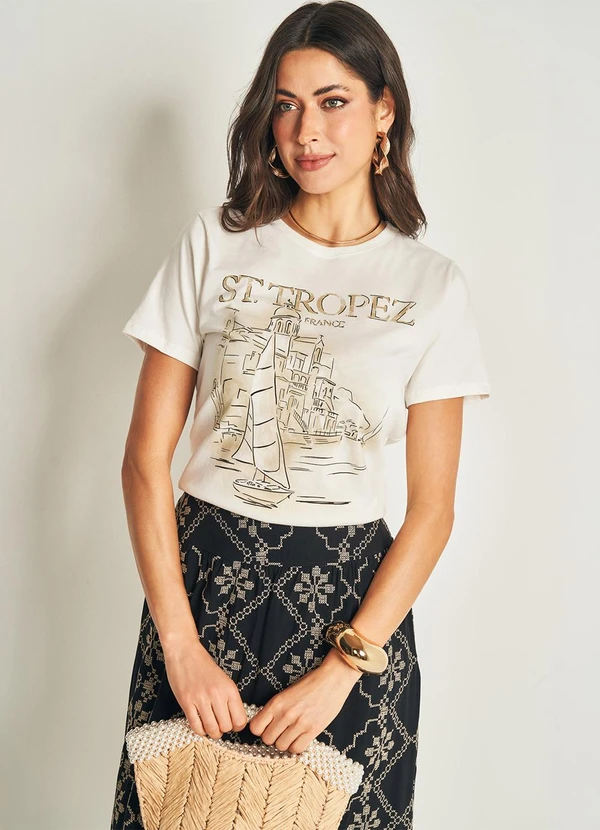 Doce Trama - T-Shirt em Meia Malha com Estampa Branco 5