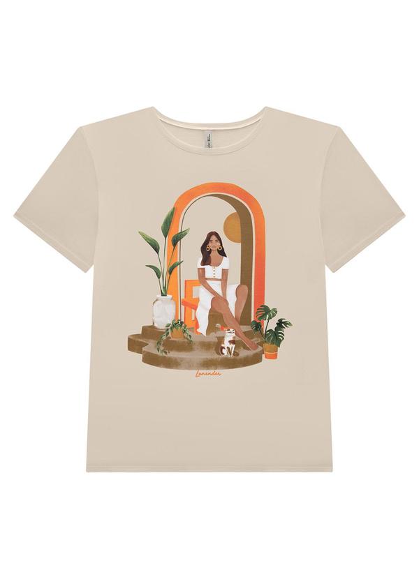 Lunender Mais Mulher - T-Shirt Estampada em Meia Malha Penteada Bege