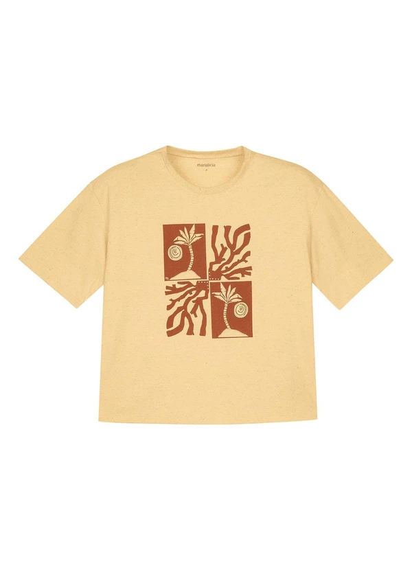 Marialícia - T-Shirt Feminina Eco Linho Estampada Amarelo