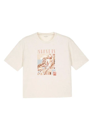 Marialícia - T-Shirt Feminina Eco Linho Estampada Bege - MARIALÍCIA