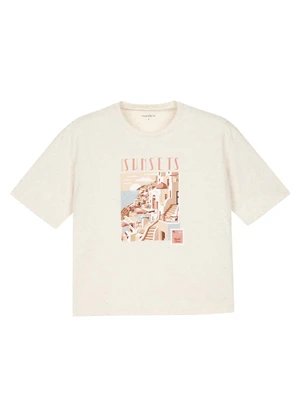 Marialícia - T-Shirt Feminina Eco Linho Estampada Bege - MARIALÍCIA