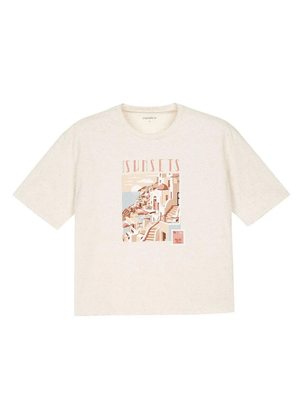 Marialícia - T-Shirt Feminina Eco Linho Estampada Bege 1