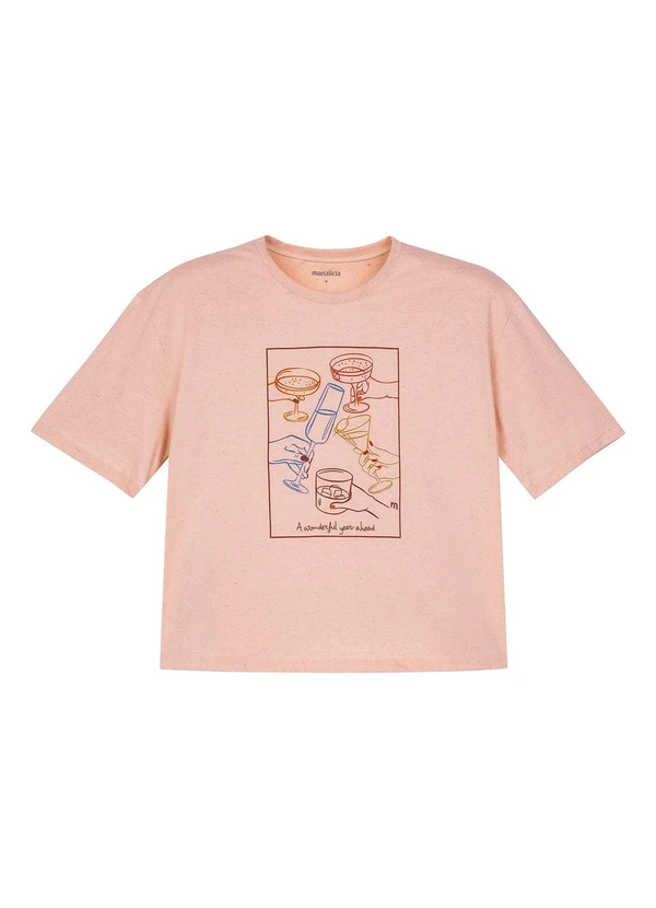 Marialícia - T-Shirt Feminina Eco Linho Estampada Rosa