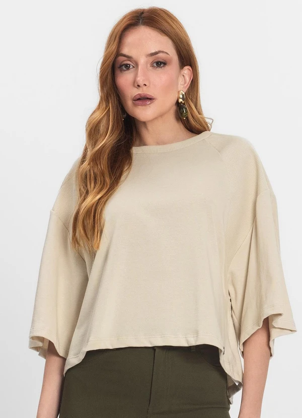 Endless - T-Shirt Feminina em Malhão e Ribana Off White