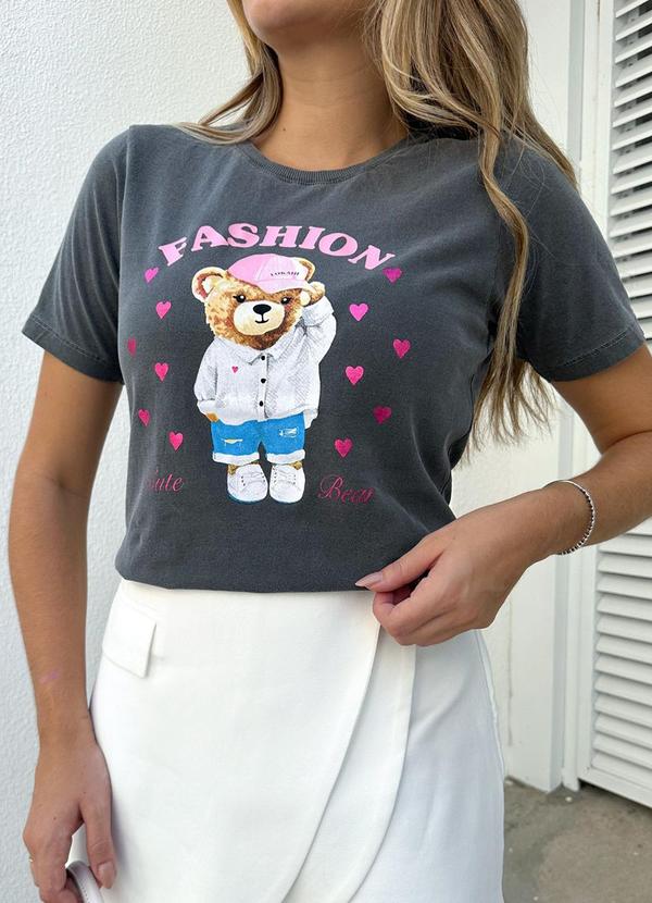 Select - T-Shirt Feminina Estampa Urso Estonada Cinza