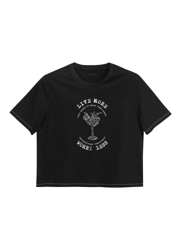 Marialícia - T-Shirt Feminina Fio Contraste Preto